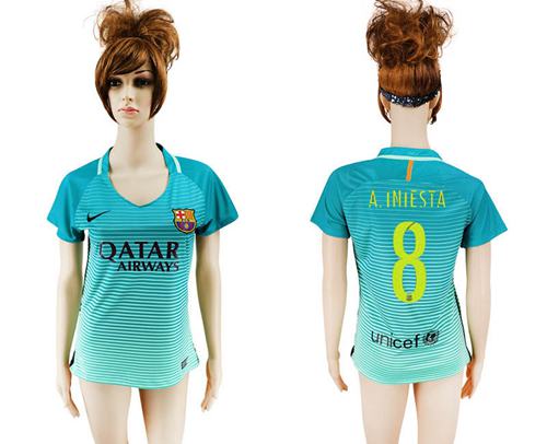 Women's Barcelona #8 A.Iniesta Sec Away Soccer Club Jersey